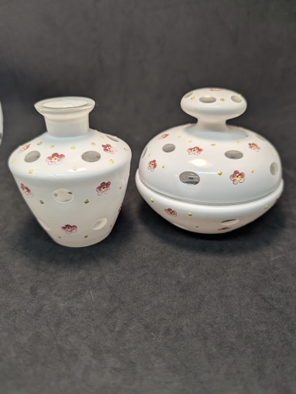 Vintage Czech Glass Vanity Set Vase Covered Powder Dish Hand Painted Floral